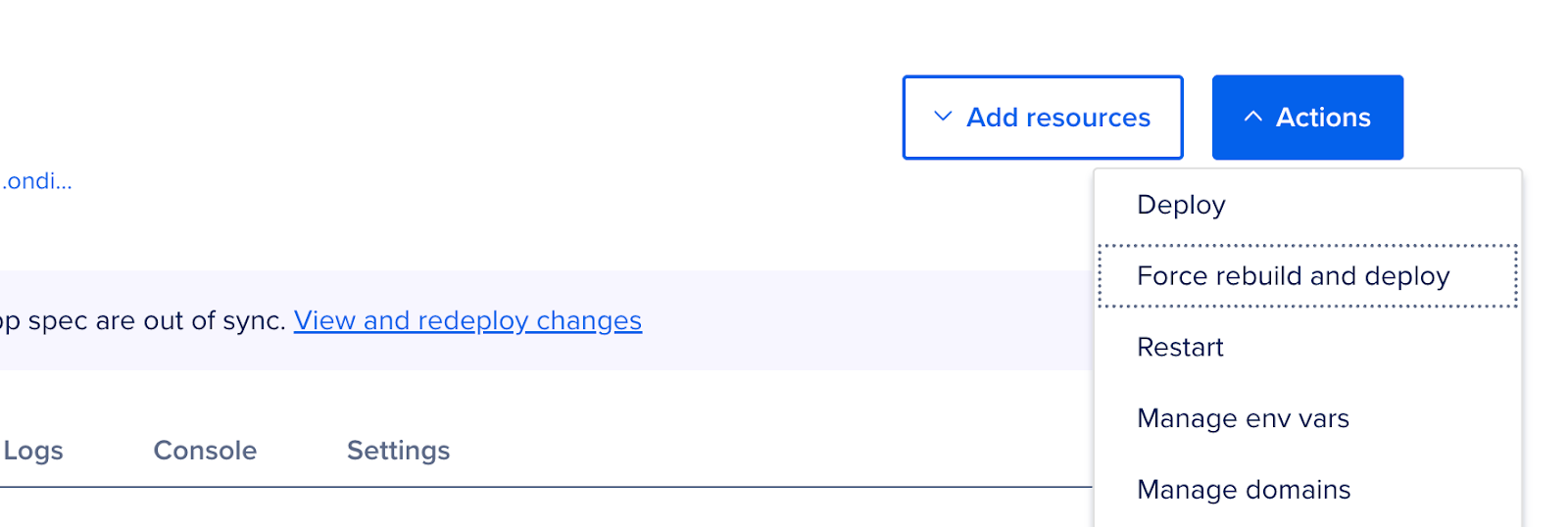 Force rebuild and deploy button on App Platform.